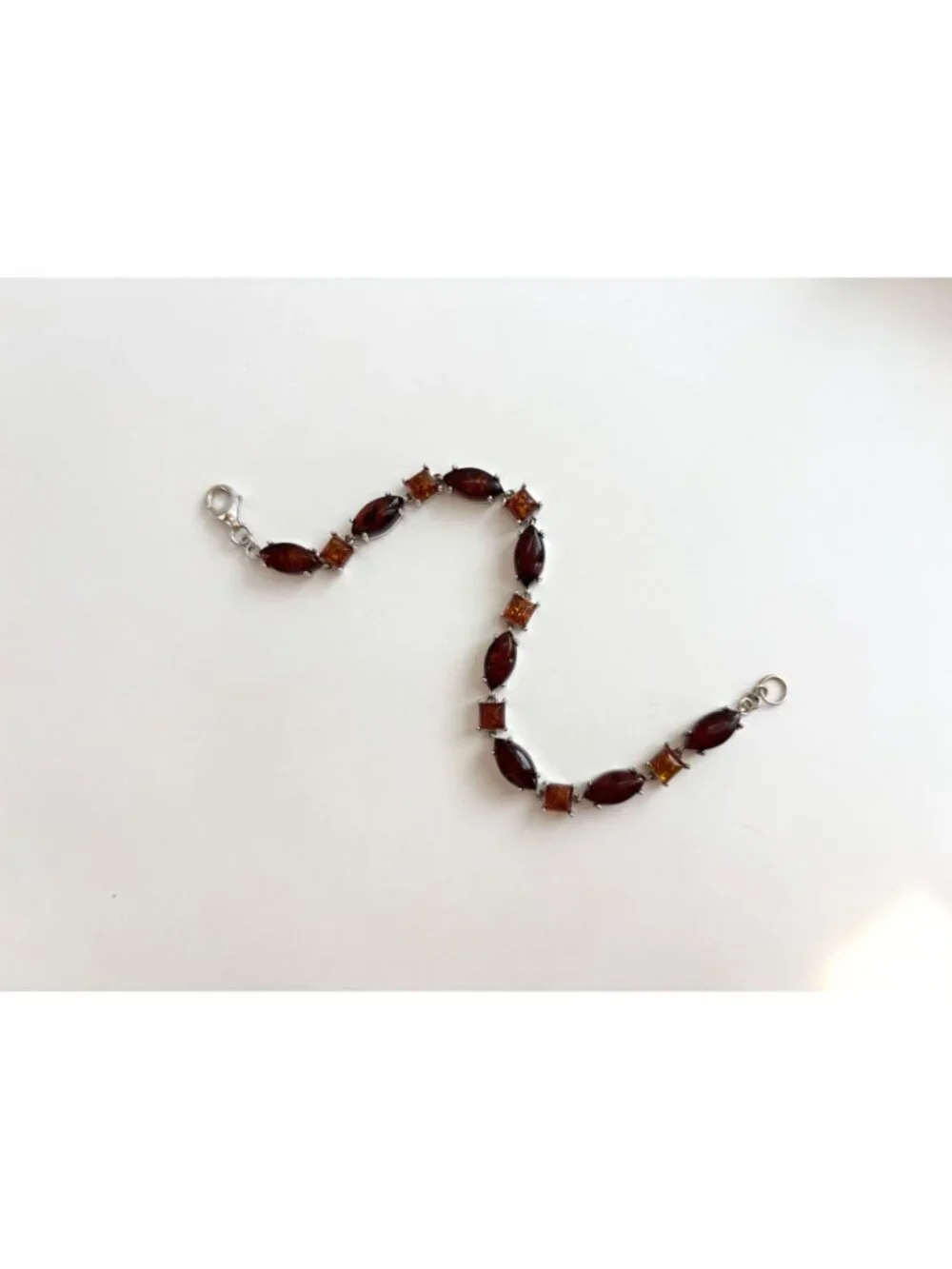 Natural Baltic Amber Marquise Chainlink Vintage Sterling Silver 925 Bracelet 7